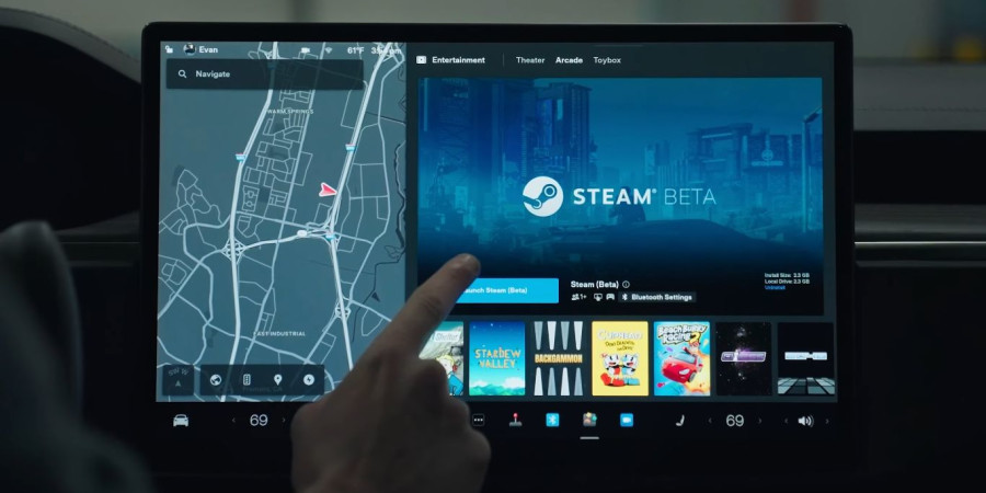 Le tableau de bord du système d’infodivertissement d’une Tesla avec à l’affiche l’interface Steam Beta.