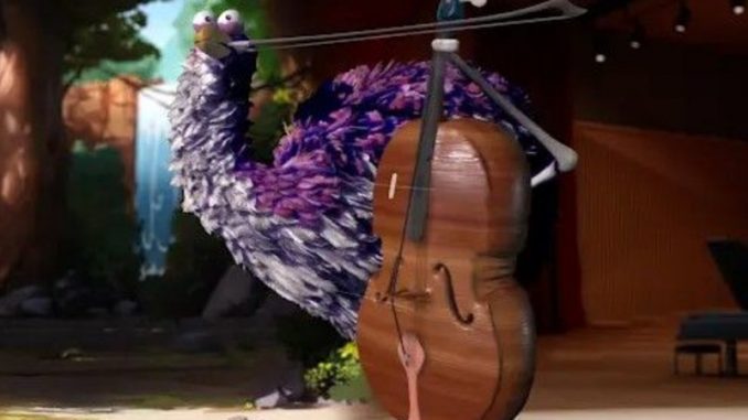 La représentation du violoncelle et du volatile pourpre du jeu vidéo « Viola the Bird ».