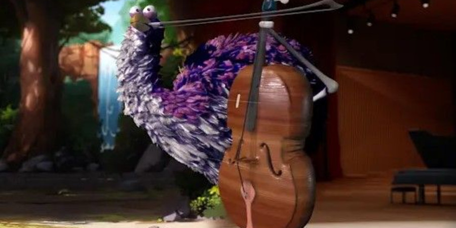 La représentation du violoncelle et du volatile pourpre du jeu vidéo « Viola the Bird ».