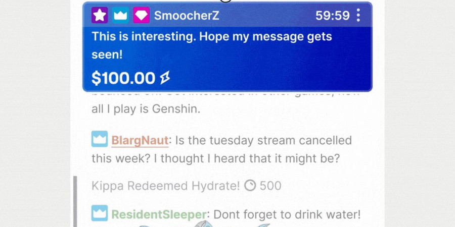 La fenêtre tchat d’un stream de Twitch où il y a un commentaire épinglé permettant de gagner de l’argent via Hype Chat.