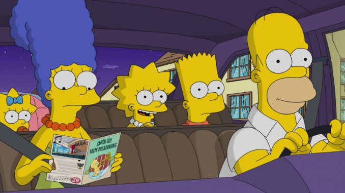 Homer et Marge Simpson avec leurs trois enfants, en route pour le récital du Youth Philarmonic.