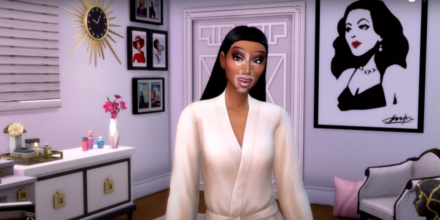 Le personnage de la mannequin Winnie Harlow dans Les Sims 4, représentant la diversité dans les jeux vidéo.