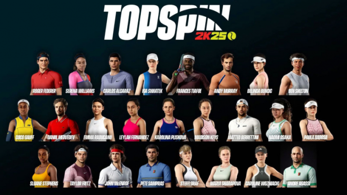 L’interface du jeu vidéo de tennis « Top Spin 2K25 » affichant les choix de personnages.