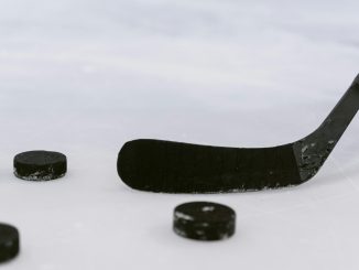 Vue rapprochée d’un palet de hockey et d’un bâton sur la glace.