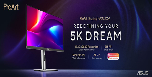 Moniteur ASUS ProArt Display 5K PA27JCV avec support et multiples ports de connectivité.